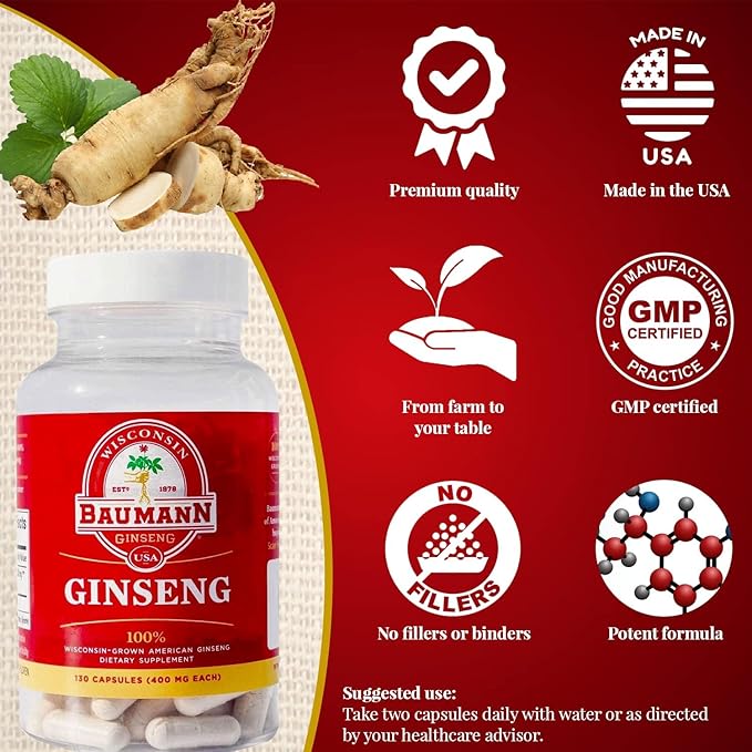 Baumann Wisconsin Ginseng Capsules 60 Pills 400 mg – Pure American Ginseng Root Extract Powder in Each Pill - 100% Natural Panax Ginseng Supplement for Immune Support, Focus and Energy (60 Count)