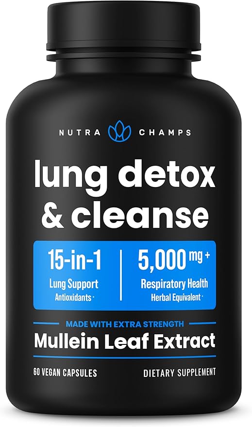 NutraChamps Mullein Leaf Extract for Lung Detox 3000mg Extra Strength Lung Cleanse for Smokers, Mullein Capsules Lung Support Supplement for Respiratory Lung Health