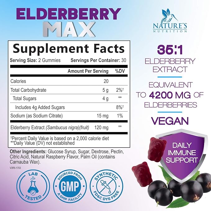 Elderberry Immune Support Gummies - Super Concentrated 35:1 Extract, Equivalent to 4200mg of Elderberries - Sambucus Black Elder Berry Vitamin Supplement, Daily Support for Kids & Adults - 60 Gummies