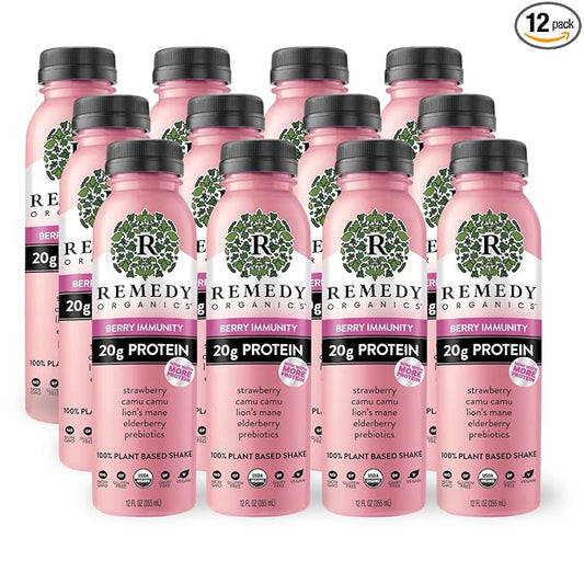 Remedy Organics Berry Immunity 12-Pack | Plant Based 20g Protein Shakes, Ready to Drink | USDA Organic, Gluten Free, Dairy Free, Soy Free