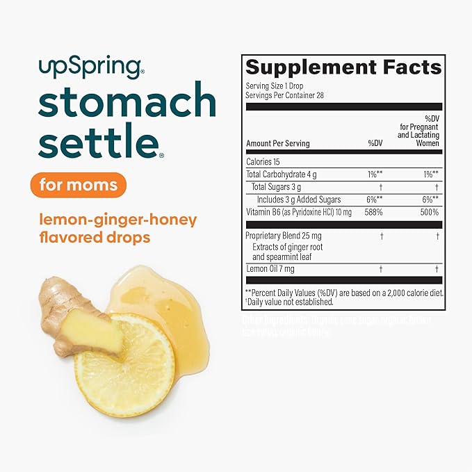 UpSpring Stomach Settle for Moms Drops for Occasional Morning Sickness with Ginger, Lemon, Spearmint, and B6. Individually Wrapped Drops, 28 Ct(Packaging May Vary)
