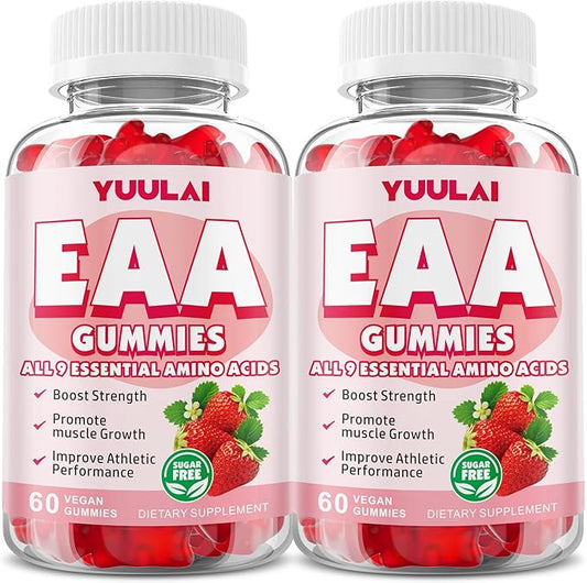 Pack of 2 EAA Gummies Essential Amino Acids - All 9 Essential Aminos (EAA) and All Branched-Chain Aminos (BCAAs) for Muscle Recovery, Energy Support, Strawberry Flavor, 120 Count