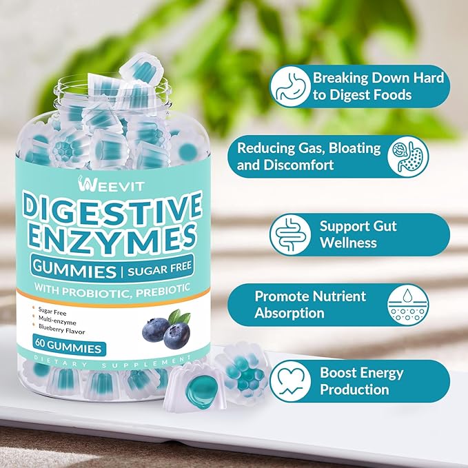 Digestive Enzymes Gummies - 2 Months Supply - Chewable Digestive Enzymes Gummy with Probiotics & Prebiotics Blend for Women Men, Sugar Free | Vegan | Blueberry Flavored (Pack of 2)