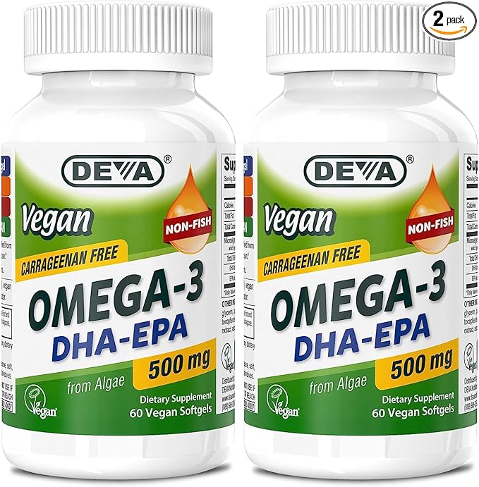 DEVA Vegan Omega-3 DHA-EPA 500MG 2-Pack – No Carrageenan, Non-Fish Oil Derived from Algae, Non-GMO, 60 Gelatin-Free Softgels Ea
