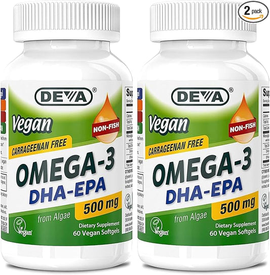 DEVA Vegan Omega-3 DHA-EPA 500MG 2-Pack – No Carrageenan, Non-Fish Oil Derived from Algae, Non-GMO, 60 Gelatin-Free Softgels Ea