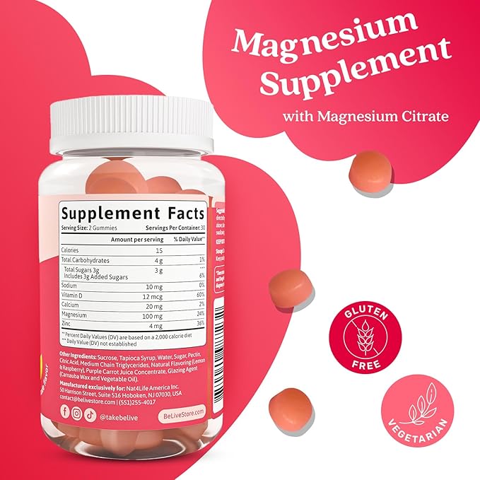 BeLive Magnesium Citrate Gummies with Calcium and Zinc for Adults and Kids - High Absorption Magnesium Supplement for Cognitive, Bone, Muscle and Nerve Health - Raspberry Lemonade - 120 Count