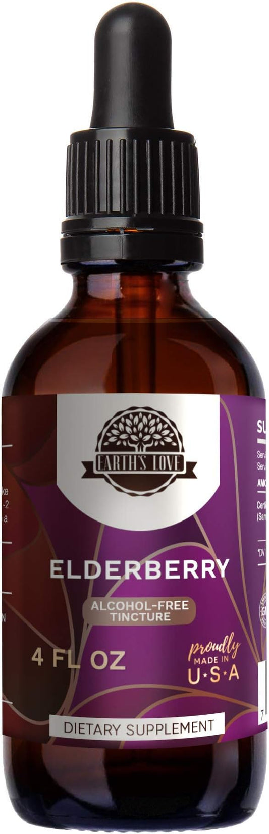 Earth's Love - Elderberry Alcohol-Free Herbal Extract Tincture, Super-Concentrated Elderberry (Sambucus Nigra) Dried Berry (4 Fl Oz)
