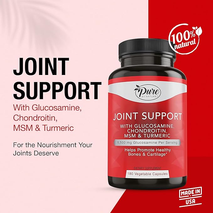 Pure By Nature Joint Support, Glucosamine with Chondroitin Turmeric MSM Boswellia Supplement, 180 Capsules