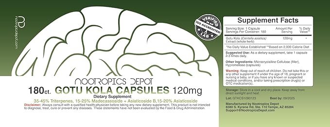 Nootropics Depot Gotu Kola Extract Capsules | 120mg | 180 Count | Acid Resistant | Centella asiatica | 35-45% Triterpenes | Supports Healthy Stress Levels | Promotes Memory Enhancement