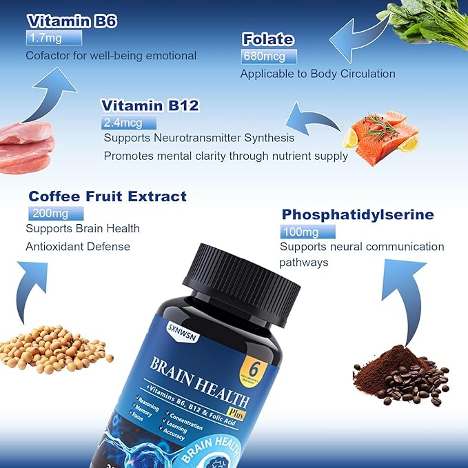 Phosphatidylserine Complex with B6, B12 & Folate - Cognitive Function Support for Mental Clarity & Stress Support, 120 Vegetarian Capsules [Contains Soy]