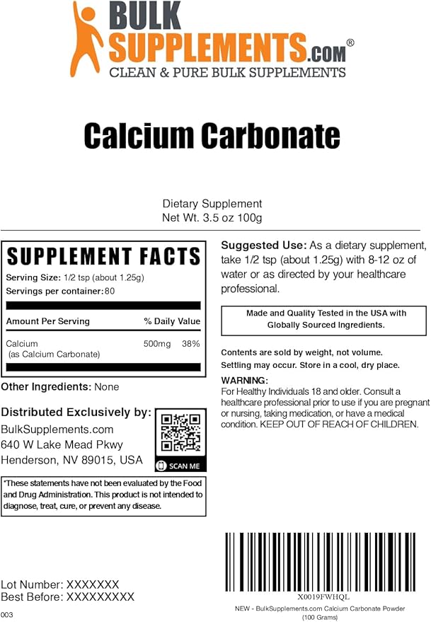 BulkSupplements.com Calcium Carbonate Powder - Calcium Carbonate Food Grade, High Absorption - Gluten Free, 1.25g per Serving, 100g (3.5 oz) (Pack of 1)