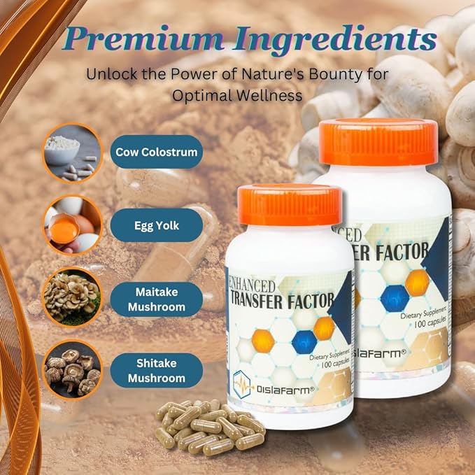 Transfer Factor Enhanced, 100 Natural Capsules, Immune Support - Transfer Factor Multi Immune from Cow Colostrum, Egg Yolk & Special Blend of Mushrooms