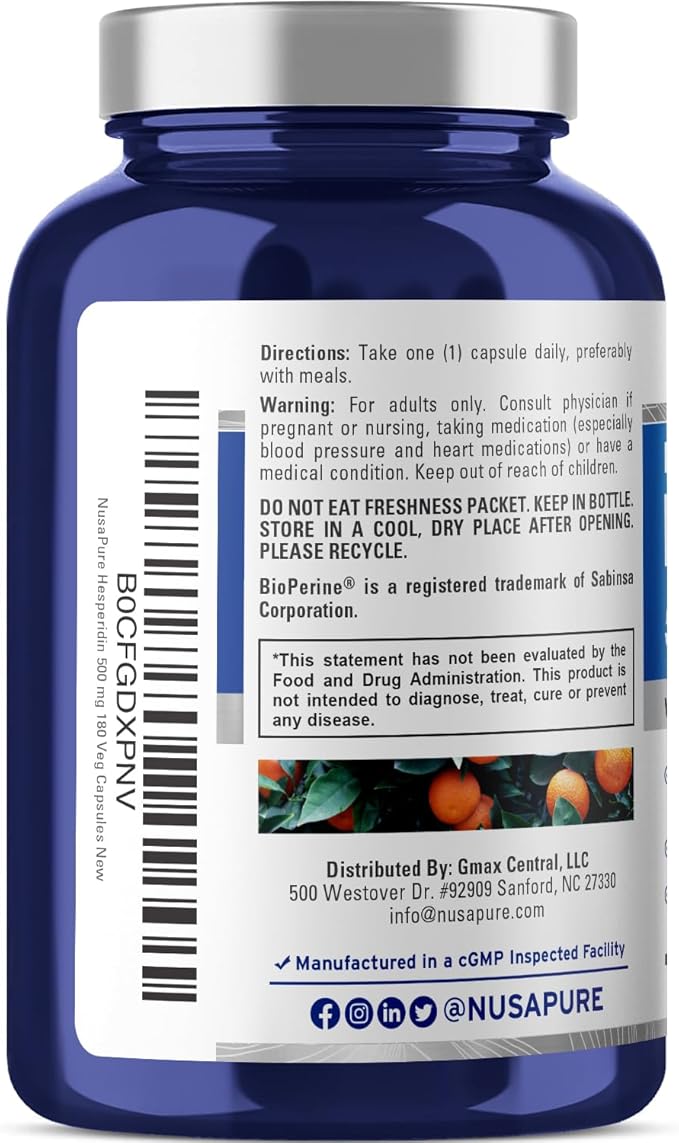 NusaPure Hesperidin 500 mg per Veggie Caps - 180 Capsules (BioPerine, High Absorption, Non-GMO)