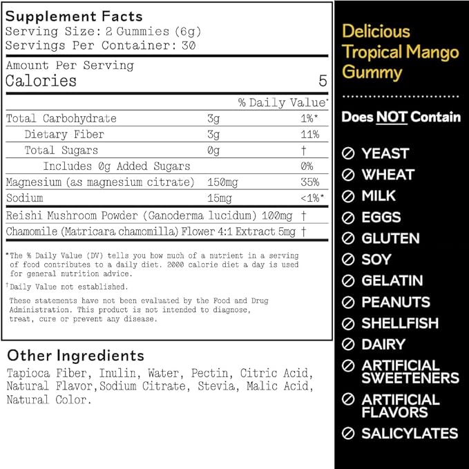 Barker Wellness Relax Magnesium Gummies | Stress Relief, Muscle Tension & Relaxation | Reishi Mushroom & Chamomile | Vegan, Sugar-Free | Tropical Mango | 60 Gummies