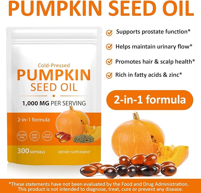 Pumpkin Seed Oil Capsules, 2-in-1 Formula with Saw Palmetto for Hair, 1000mg 300Softgels Rich in Fatty Acids | Supports Hair Heart