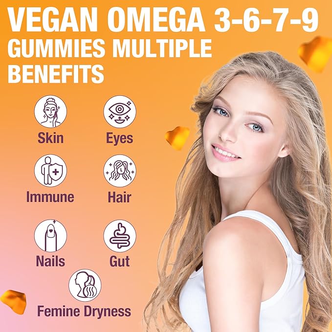 Omega 3 6 7 9 Gummies for Women - Omega 3 Supplement with Sea Buckthorn Oil, Flaxseed Oil, Vitamins E, A & Probiotics - Skin, Eye & Dryness, Chamomile Flavor - 60 Gummies