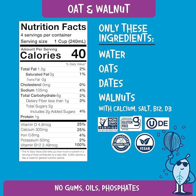 PLANTSTRONG Oat & Walnut Milk 32oz (6 Pack) - NON-GMO - Plant Based, Vegan - Gluten Free Dairy Free - Shelf Stable - Lactose Free Milk - No Gums or Oils