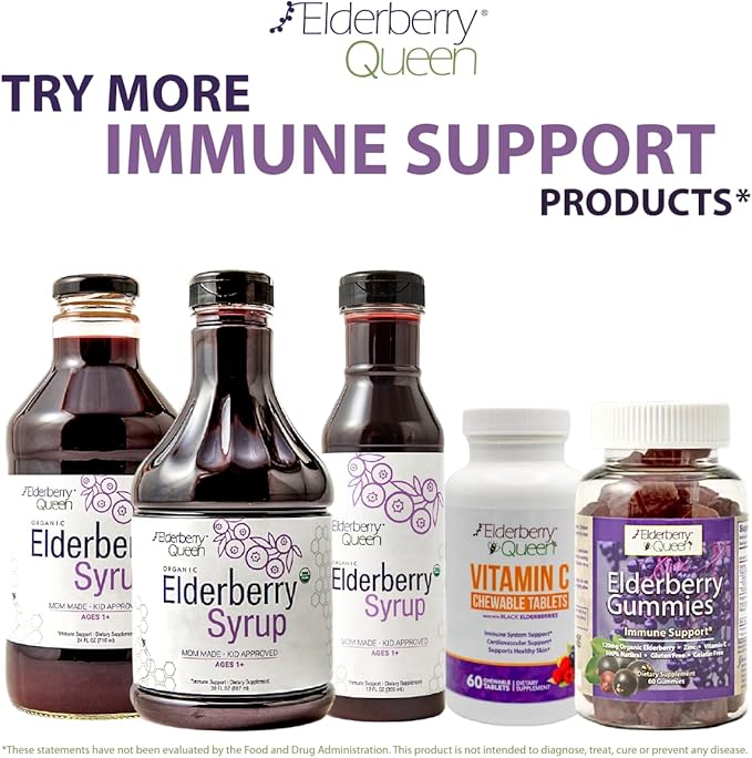 Elderberry Queen Organic Elderberry Syrup 12 Fl Oz - Immune Support Formula with Sambucus Black Elderberry & Aronia Berry - Pure Natural Certified Organic Elderberry Syrup for Kids and Adults