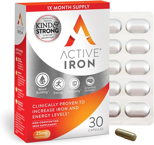 Iron Supplement 25mg – Clinically Proven to Increase Iron & Energy Levels – Gentle, Non-Constipating, Highly Absorbed – 30 Capsules