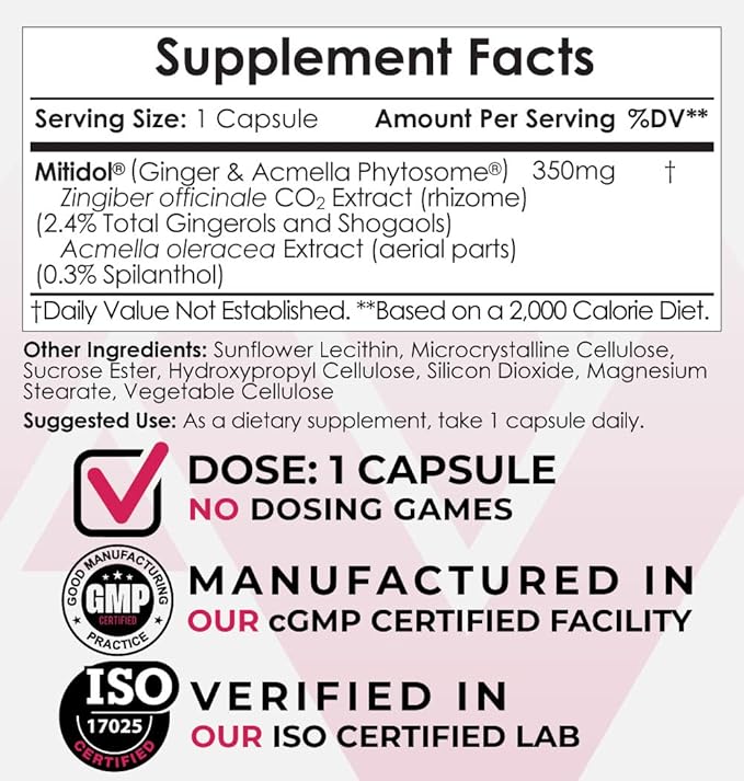 Nootropics Depot Ginger & Acmella Phytosome Capsules | 350mg | Mitidol | Gingerols, Shogaols, & Spilanthol | Metabolic Support | 120 Count
