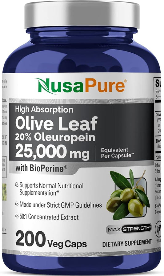 NusaPure Olive Leaf 20% Oleuropein 50:1 Extract, 500 mg Equivalent to 25,000 mg 200 Veg Caps Suitable for Vegetarians and Vegans, Non-GMO