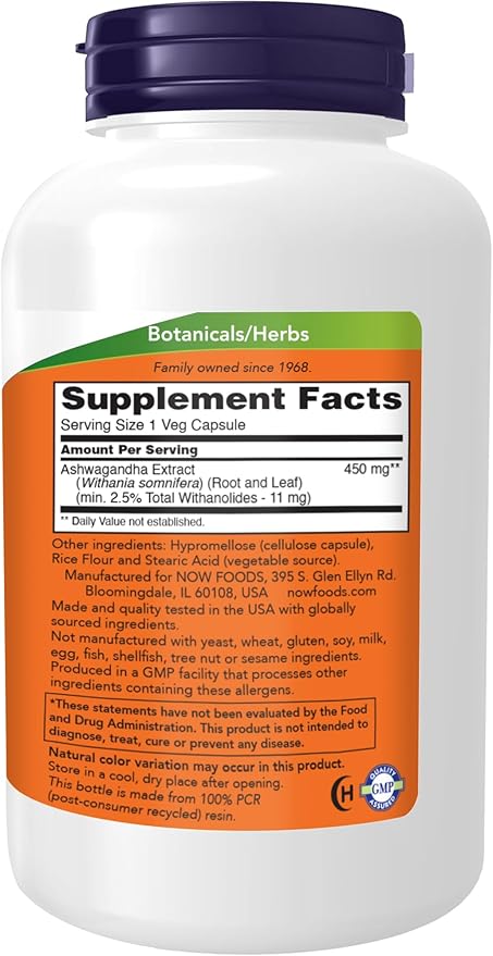 NOW Foods Ashwagandha Extract 450 mg Vegan, Kosher, Non-GMO - 240 Veg Capsules,