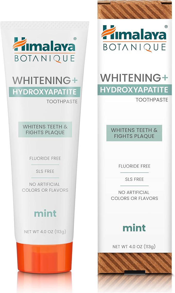 Himalaya Botanique Whitening + Hydroxyapatite Toothpaste for Whiter Teeth & Fresher Breath, Fights Plaque with Hydroxyapatite Support & Mint Flavor, Fluoride Free, SLS Free, & Vegan, 4.0 oz, 2 Pack