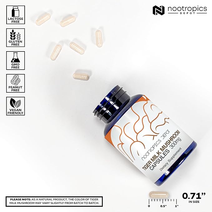 Nootropics Depot Tiger Milk Mushroom Capsules | 300mg | 180 Count | Lignosus rhinocerus Sclerotium | Cognition, Histamine, & Respiratory Support