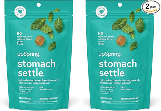 UpSpring Stomach Settle Drops for Occasional Nausea Relief/Upset Stomach with Ginger, Lemon, Spearmint, and B6. Mint Flavor Drops, 28 Ct(Packaging May Vary) (Pack of 2)
