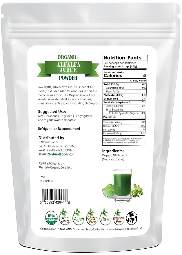 Z Natural Foods Organic Alfalfa Juice Powder, Green Grass Superfood Powder, Mix in Smoothies, Drinks, Recipes - Raw, All Natural, Non GMO, Vegan, Gluten Free - 1 lb