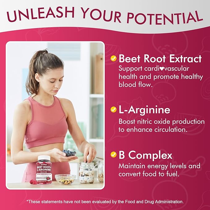 Beet Root Gummies & L-Arginine, Nitric Oxide Supplements for Men & Women w/Organic Beets, B1, B2, B3, B5, B6, Folate, B12 for Energy Boost & Circulation Support, Sugar Free, 120 Cts
