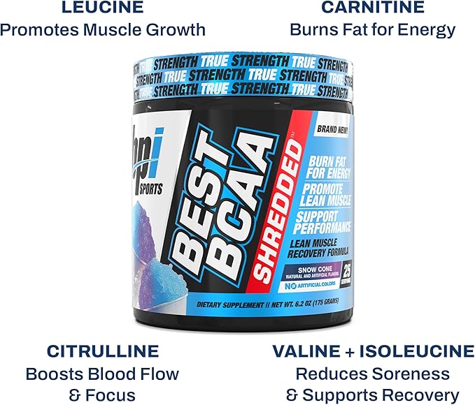 BPI Sports Best BCAA Shredded - Caffeine Free Thermogenic Recovery Drink, Lean Muscle Building BCAA Powder For Women and Men, Preworkout BCAAs Amino Acids Drink- Snow Cone - 25 Servings