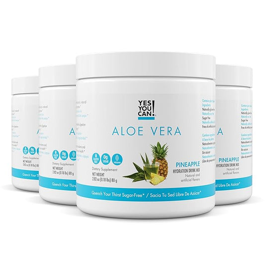 Yes You Can! Organic Aloe Vera Powder Drink Mix - Hydration Booster Infused with Pure Aloe Juice - Delicious Flavors - Made in USA - Antioxidant Rich - Pineapple Flavor - 40 Servings Per Canister (4 Pack)