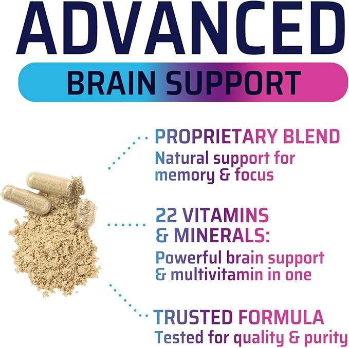 Brain Memory Supplement Pills - Nootropics Support for Concentration, Clarity, Alertness & Focus - Brain Health with Bacopa, Cognitive Vitamins, Phosphatidylserine, DMAE - Brain Booster - 120 Capsules