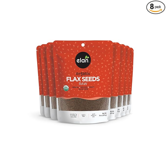 Elan Organic Flax Seed, Whole Seeds, Raw Seeds, Non-GMO, Vegan, Gluten-Free, Kosher, High in Fiber, Gels Easily, 8 pack of 9.7 oz