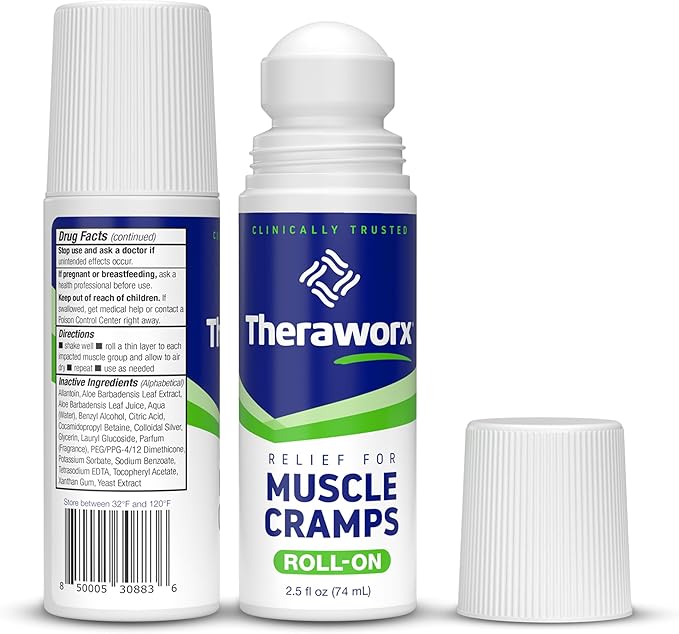 Theraworx Relief for Muscle Cramps Roll-On Fast-Acting Muscle Spasm, Leg Soreness with Magnesium Sulfate - 2.5 oz - 2 Count