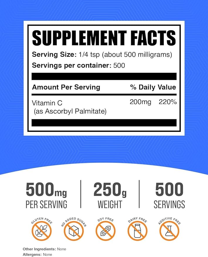 BulkSupplements.com Ascorbyl Palmitate Powder - Vitamin C Ester, Vitamin C Supplement - Gluten Free, 500mg per Serving, 250g (8.8 oz) (Pack of 1)