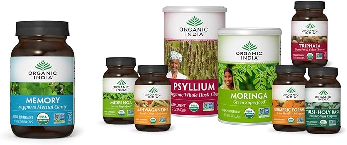 ORGANIC INDIA Memory Herbal Supplement - Brain Supplement for Memory and Focus, Bacopa Monnieri & Gotu Kola Brain Herbal Supplement, Memory Support - USDA Certified Organic, Non-GMO - 90 Capsules