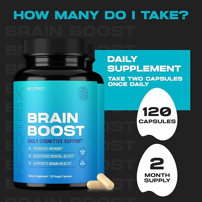 Brain Boost Nootropic Supplement | Supports Memory, Mental Focus, Cognitive Health & Energy | Promotes Healthy Mood & Brain Function | Ginkgo Biloba & DMAE | 120 Capsules