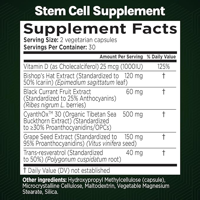 Stem Cell Supplement - Organic Tibetan Sea Buckthorn-Resveratrol, Vitamin D, Bishop's Hat Extract (1 Bottle, 60 Count)