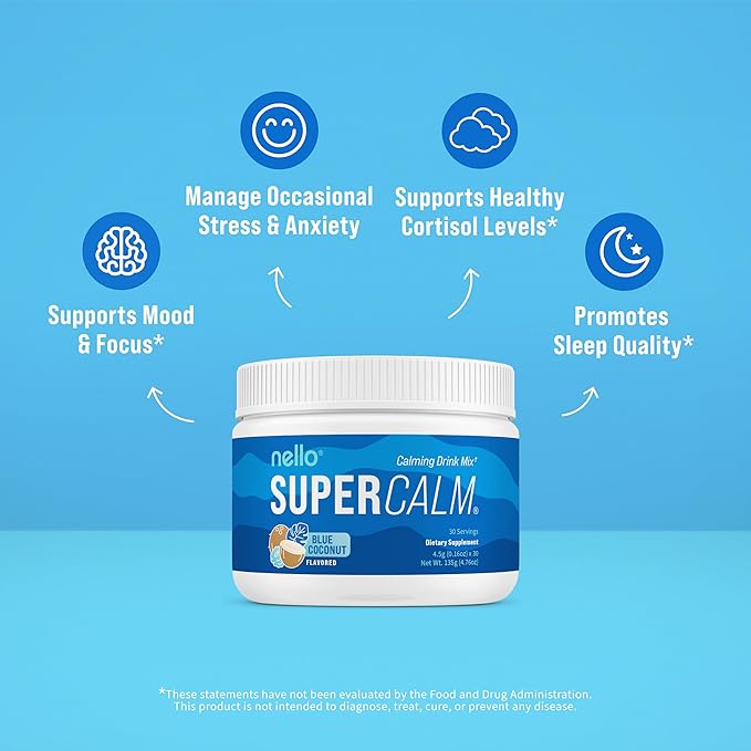 Supercalm Powdered Drink Mix, Blue Coconut, L Theanine, Ksm-66 Ashwagandha, Magnesium Glycinate, Vitamin D 3, Supplements for Relaxation & Focus, No Sugar, Non GMO, On The Go, 30 Srvgs