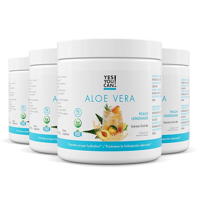 Yes You Can! Organic Aloe Vera Powder Drink Mix - Hydration Booster Infused with Pure Aloe Juice - Delicious Flavors - Made in USA - Antioxidant Rich - Peach Lemonade Flavor - 40 Servings Per Canister (4 Pack)