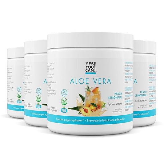 Yes You Can! Organic Aloe Vera Powder Drink Mix - Hydration Booster Infused with Pure Aloe Juice - Delicious Flavors - Made in USA - Antioxidant Rich - Peach Lemonade Flavor - 40 Servings Per Canister (4 Pack)