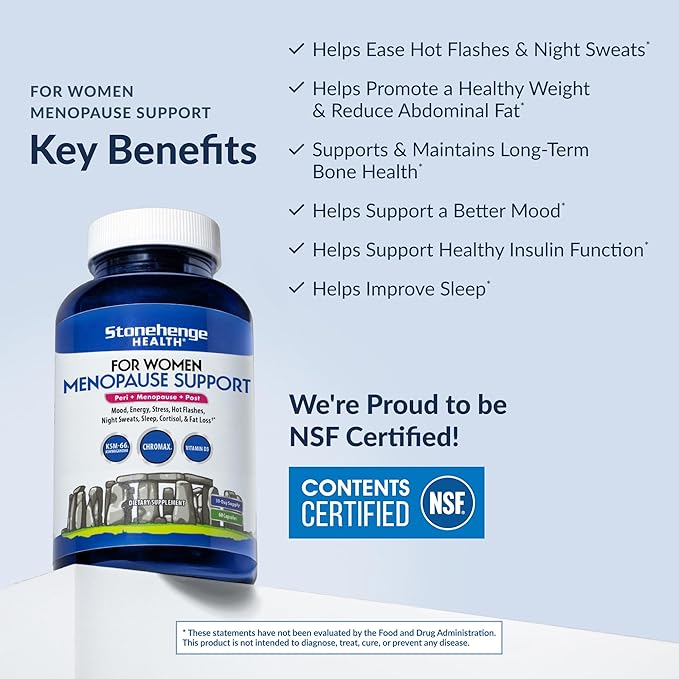 Stonehenge Health for Women Menopause Support for Peri + Menopause + Post - Mood, Energy, Stress, Hot Flashes, Night Sweats, Sleep & Cortisol, Chromax Chromium, Vitamin D3, KSM-66 Ashwagandha Extract