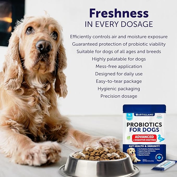Probiotic Powder for Dogs - Support Gut Health, Itchy Skin, Allergies, Immunity, Yeast Balance - Dog Probiotics and Digestive Enzymes with Prebiotics - Reduce Diarrhea, Gas - 30 Probiotic Sticks