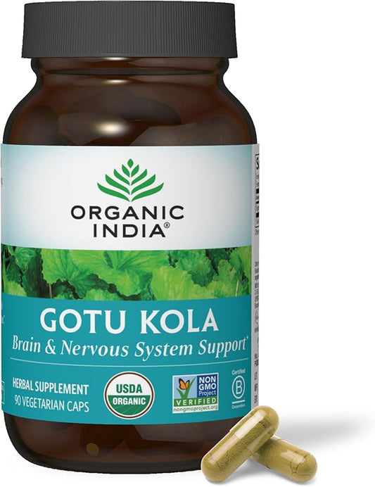 Organic India Gotu Kola - Centella Asiatica Herbal Supplement - Adaptogen for Brain & Nervous System Support, Vegan, Gluten-Free, USDA Certified Organic, Non-GMO, Calming, Mental Clarity - 90 Capsules