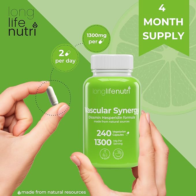 Diosmin Hesperidin Complex, Vascular Synergy 1000mg/300mg for Optimal Circulation & Vein Support: 240 Capsules, 120 Servings, 4-Month Supply, Made in USA