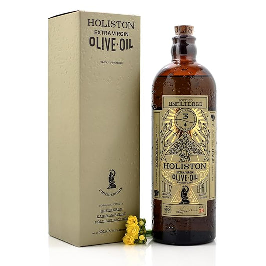 HOLISTON Limited Edition Ultra-Premium Polyphenol Rich Olive Oil Extra Virgin - Unfiltered, Antioxidant, Award Winner, Cold-Pressed, Early Harvest, Hand Picked, From Rhodes Island (500 ml, 16.9 fl oz)