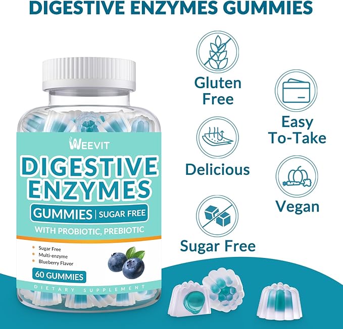 Digestive Enzymes Gummies - 2 Months Supply - Chewable Digestive Enzymes Gummy with Probiotics & Prebiotics Blend for Women Men, Sugar Free | Vegan | Blueberry Flavored (Pack of 2)