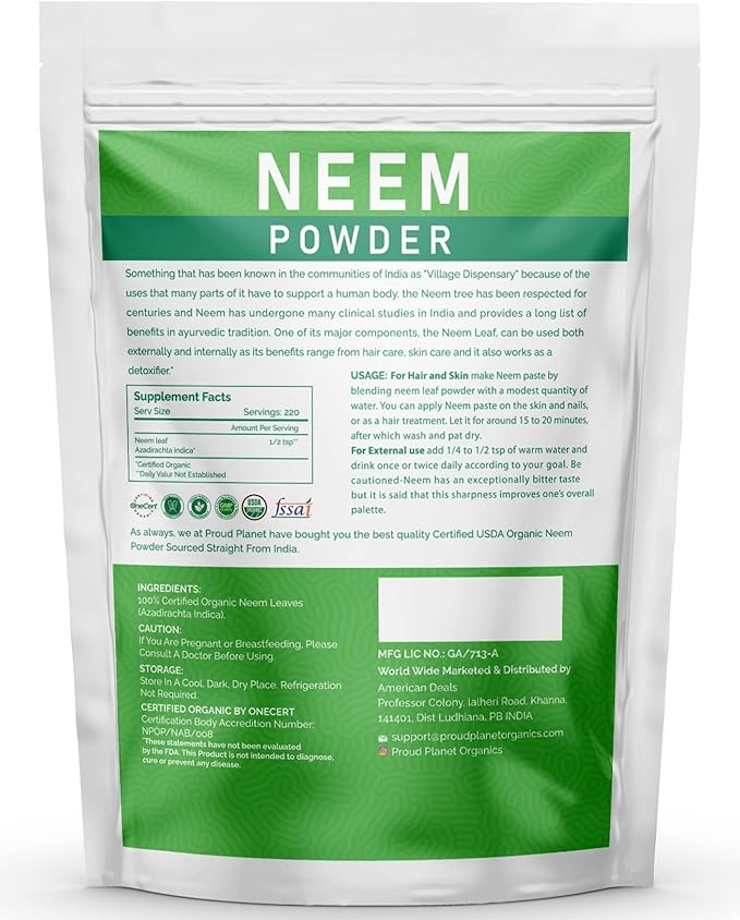 Organic Neem Leaf Powder for Skin, Hair and Blood 8oz (226g) | Azadirachta Indica | USDA Certified by Proud Planet